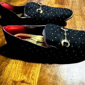 Black Velvet Loafers Men 11.5 Studded Horsebit Gold Hardware Slip On Dress Prom